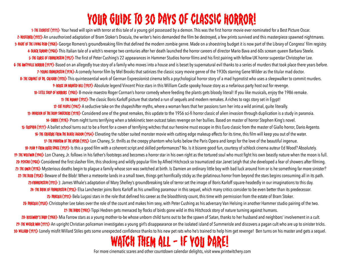 Classic Horror Month of Movies Calendar