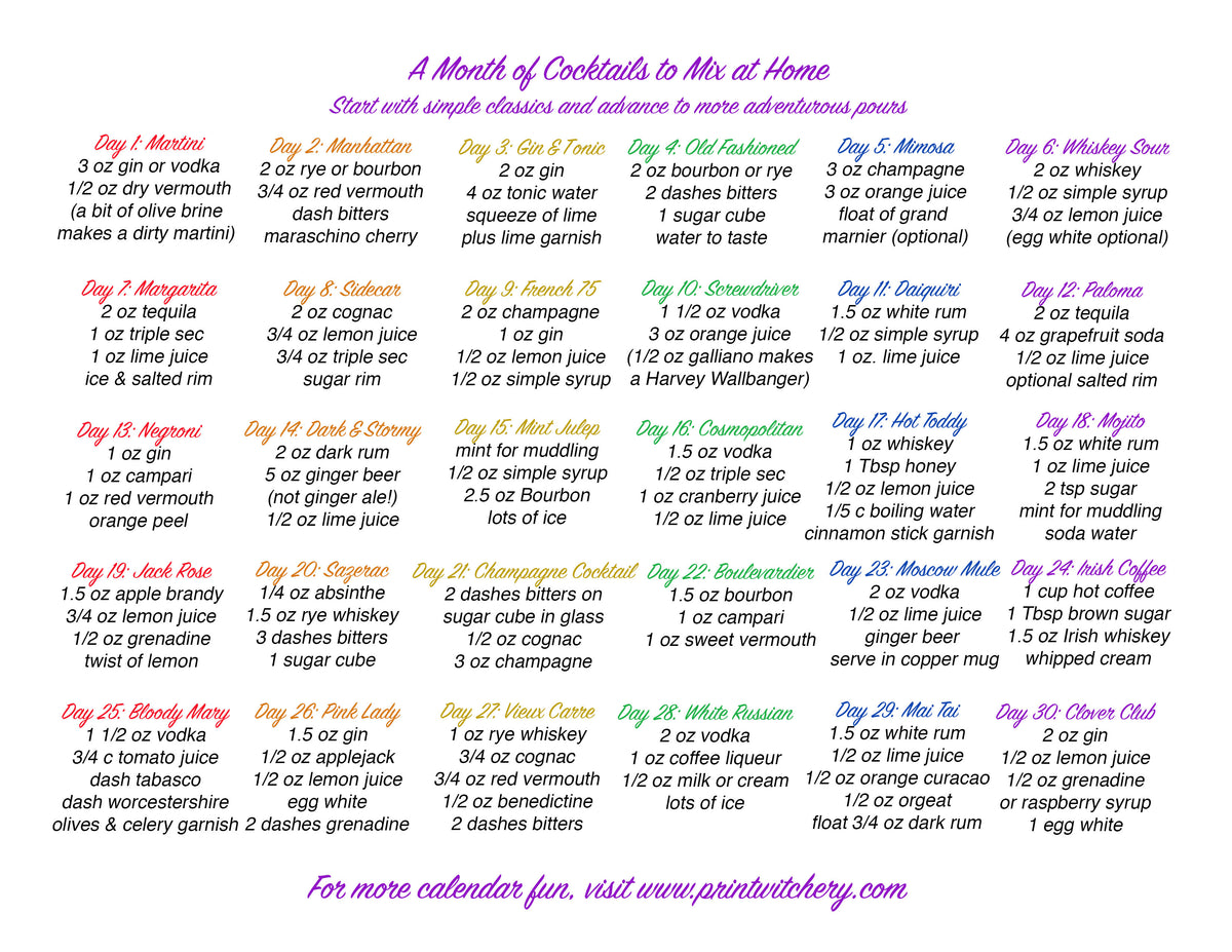 30 Days of Cocktails Mixology Calendar